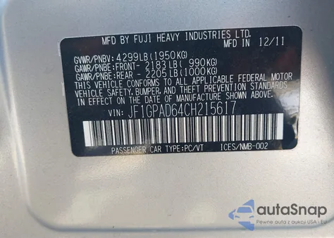 2012 Subaru Impreza 2.0I Premium из США, поврежденный, VIN JF1GPAD64CH215617